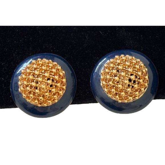 CINER Blue Enamel Gold Plate Dot Weave Dome Clip-On Earrings Vintage Classic - Picture 5 of 8